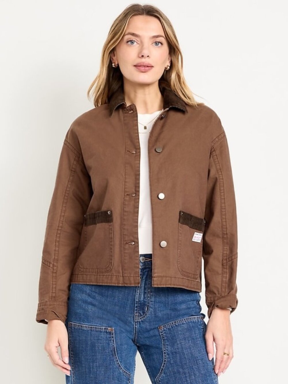 Old Navy Canvas Barn Jacket Rugged Brown Corduroy Collar Snap Front S